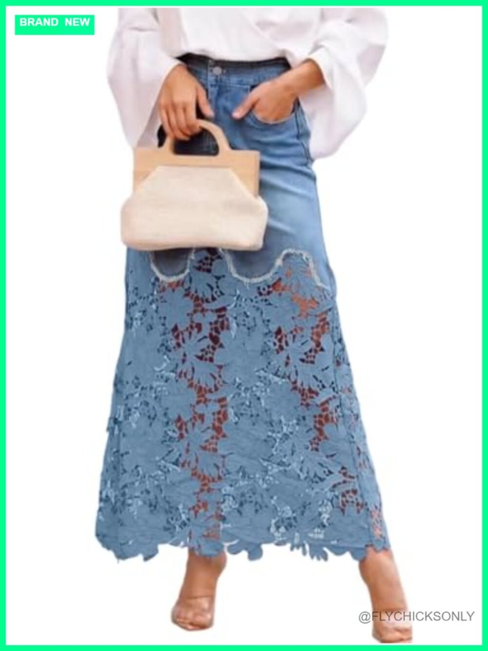 Lace Eyelet Patchwork Denim Maxi Skirt Boho Floral Mesh